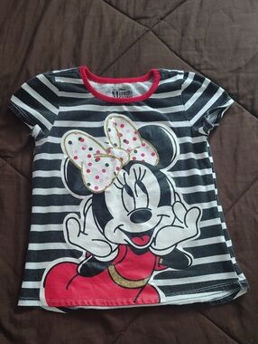 Disney Minnie Mouse Black & White Striped Tee with Red and Gold Accents